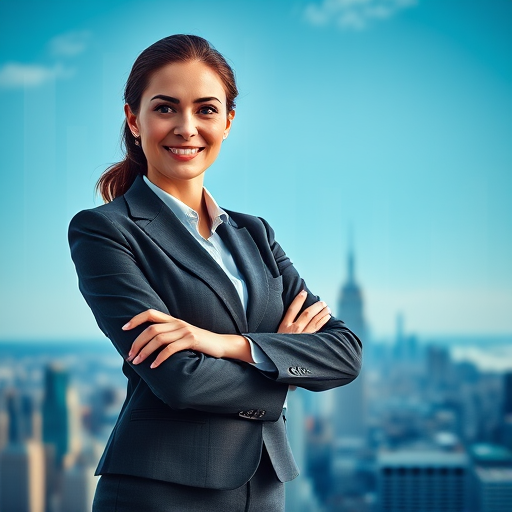 Create a high-resolution image of a confident businesswoman in a suit with crossed arms, overlayed with a city skyline and financial graphs, shot with a DSLR camera at f/2.8, ISO 100, 50mm lens, natural lighting, portrait orientation.