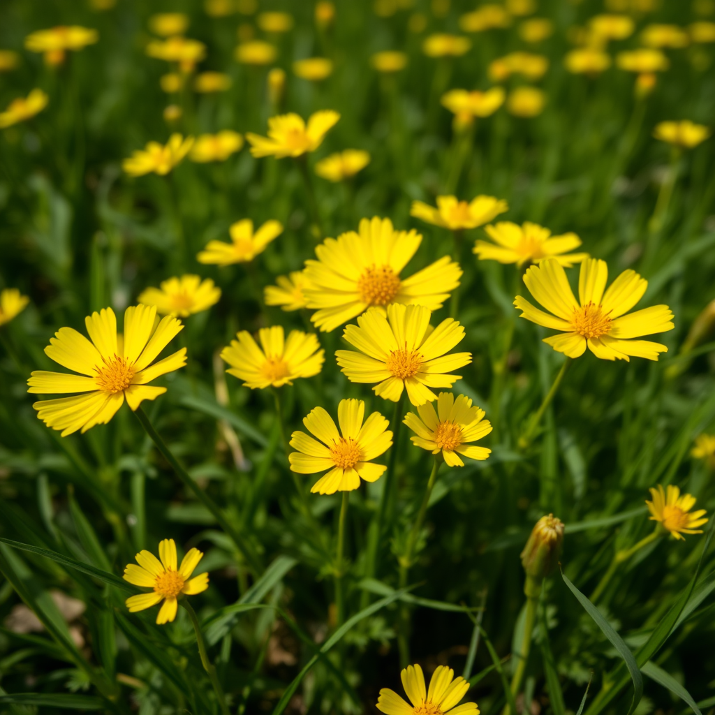Close-up shot of vibrant yellow buttercup flowers in a lush green field, aperture f/2.8, shutter speed 1/250 sec, ISO 100, 50mm lens, natural lighting, macro photography style, DSLR camera.