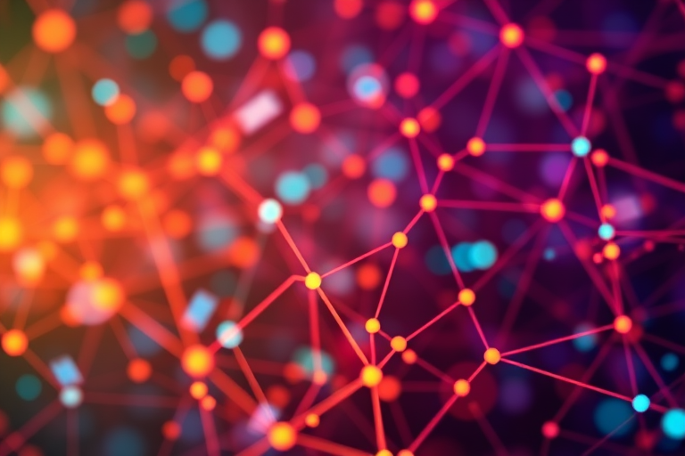 Create a vibrant abstract digital background with interconnected lines and nodes, high resolution, using a Canon EOS R5 camera, aperture f/8, ISO 100, 24mm focal length, high dynamic range imaging, and a shallow depth of field for enhanced detail and clarity.