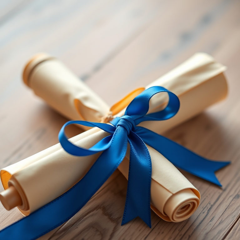 Create a high-resolution image of a scroll tied with a blue ribbon, with soft lighting, a shallow depth of field, shot at f/2.8, in 4K resolution, using a DSLR camera for enhanced clarity and detail.