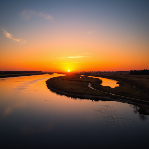 capture a serene sunset over a winding river with rich orange and gold hues reflecting on the water, ISO 100, f/11, 1/125 sec, 24mm lens, landscape view, DSLR camera