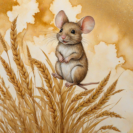 Soft, muted Alcohol Ink with ebru effect background image of tiny whimsical mousey, who climbed high on the top of a golden rye ear.