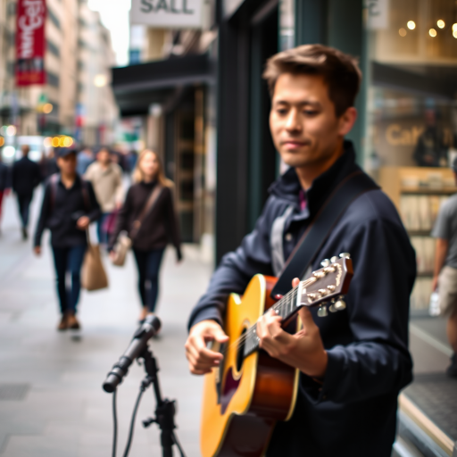 Blurry, candid photo of a street musician playing an acoustic guitar on a busy city sidewalk, soft glow from nearby shop windows illuminating their face, with distant pedestrians walking by.