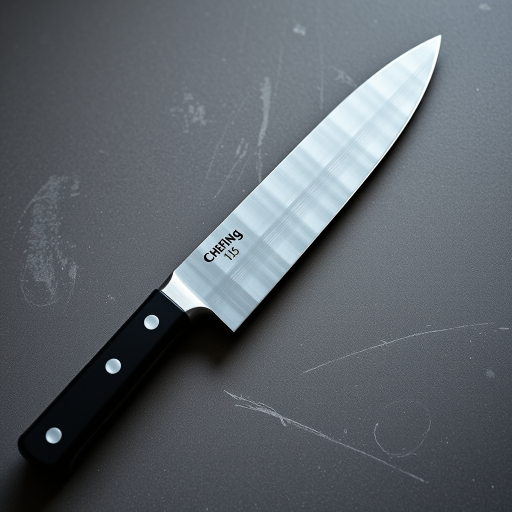 A high-resolution image of a chef's knife with a black handle, shot in soft natural light from a slight overhead angle using a Canon EOS R5, 50mm lens, f/2.8 aperture, ISO 100, ensuring sharp details and a soft background blur.