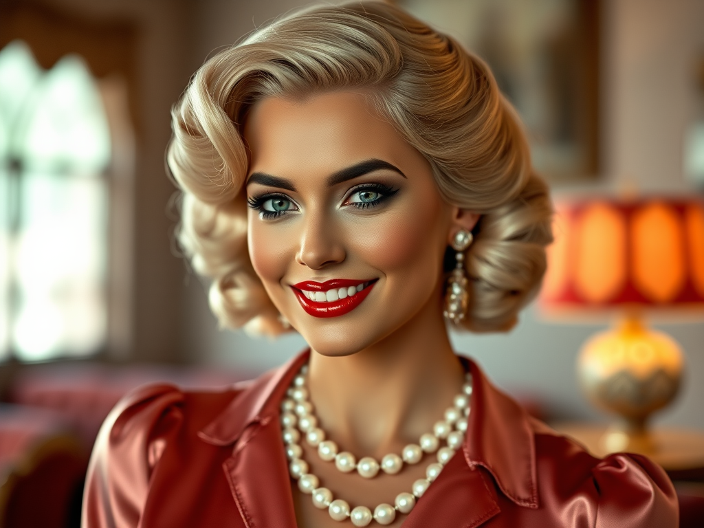 A beautiful Aztec woman reminiscent of 1950s Hollywood glamour, with perfectly styled blonde hair and a seductive smile, dressed in a satin blouse and adorned with pearls, soft and warm tones, photorealistic, 8K