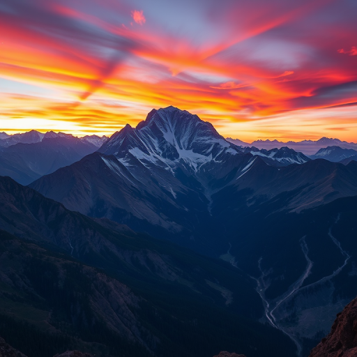Generate a high-resolution image of a majestic mountain landscape during sunset, with vibrant colors in the sky, using a DSLR camera with a 24mm lens, aperture set to f/8, ISO 100, and a shutter speed of 1/200 seconds, shot from a wide-angle perspective to capture the vastness of the scene.