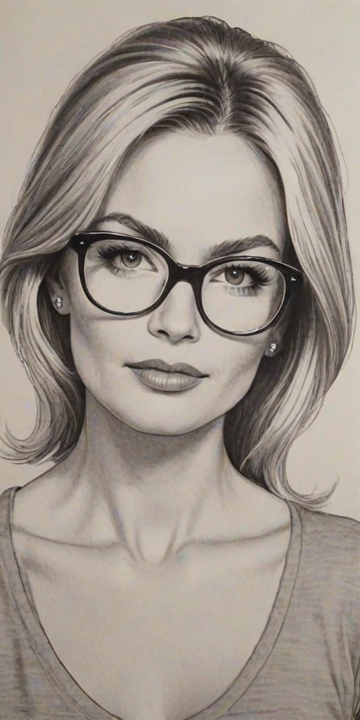 Attractive Bobbie Brown, pencil sketch, portrait of Fascinating woman 1964s in glasses, hair style beatnik, outline, clear lines, fine lines, 8k