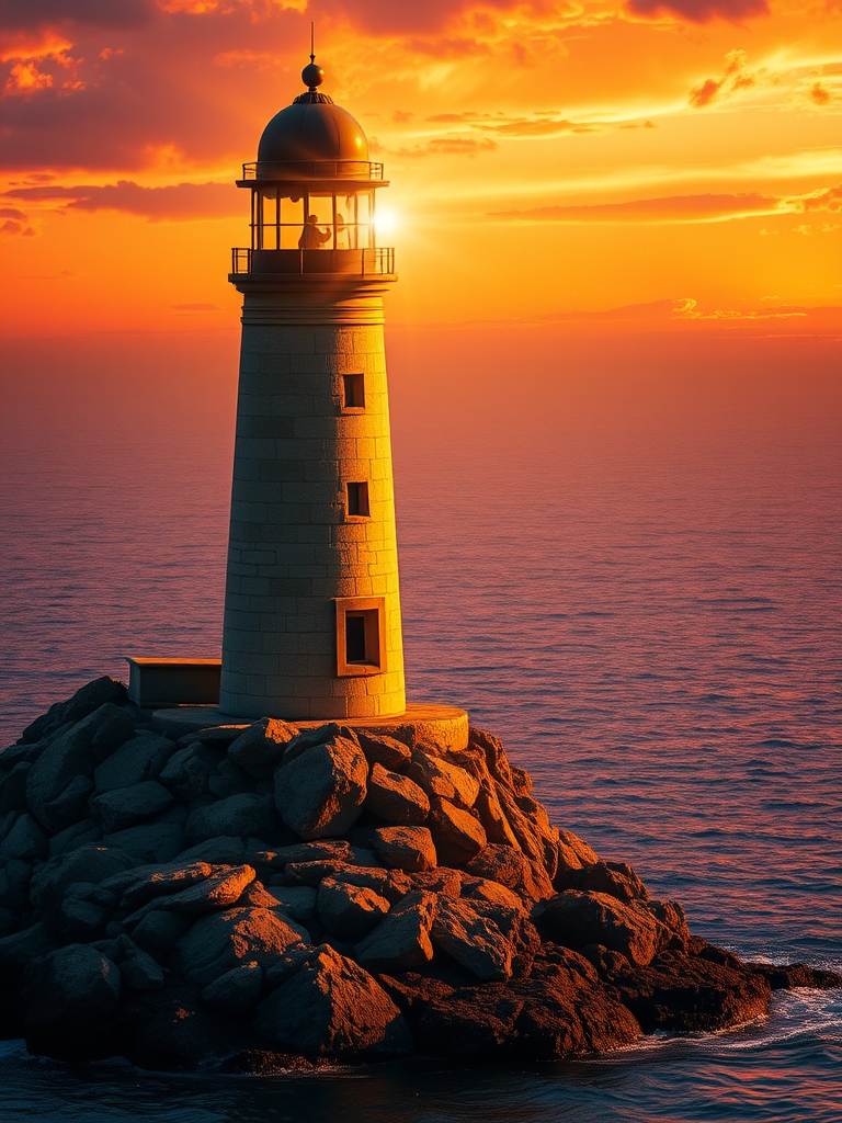 Generate an image of a tall lighthouse perched on a rocky outcrop surrounded by calm ocean waters during a breathtaking sunset. The lighthouse stands sturdy and weathered, its stone surface illuminated by the warm golden light of the setting sun. The sun's rays pass directly through the glass lantern room at the top of the lighthouse, casting a brilliant light across the scene. The sky is painted with vibrant shades of orange, pink, and purple, reflecting off the tranquil sea. The surrounding water shimmers with the same warm hues, creating a serene and majestic atmosphere.