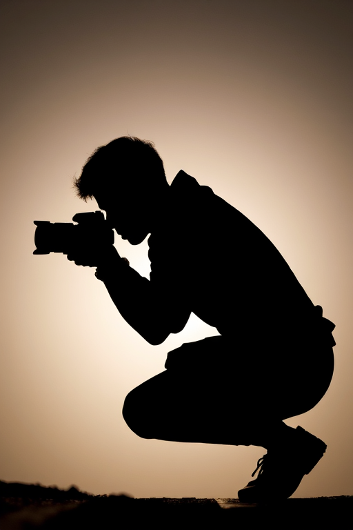 Capture a dynamic silhouette of a person in a crouching position, using a DSLR camera at f/2.8 aperture, ISO 100, and 1/500 shutter speed, with a low-angle view to enhance the dramatic effect and capture the contours of the figure.