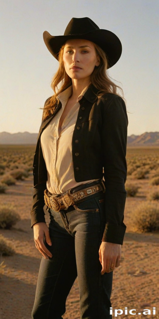 Dramatic photo of a beautiful Western American woman, classic cowboy attire, confident and free spirit expression, half-length portrait, centered, golden hour desert landscape, warm, diffused light, low angle, medium format film camera, in style of Annie Leibovitz.