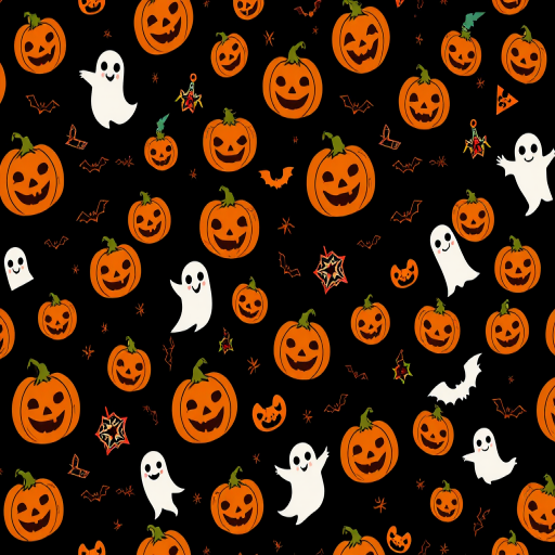 seamless pattern of Halloween-themed graphics including pumpkins, ghosts, and bats on a dark background, macro shot, focal length 50mm, aperture f/2.8, ISO 100, DSLR camera