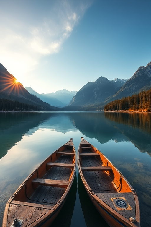 A serene lake view with two wooden boats in the foreground, surrounded by mountains and lush trees, captured at sunrise, using a Canon EOS R6, 24mm lens, aperture f/8, ISO 100, shutter speed 1/125s, wide-angle view for enhanced depth and detail.