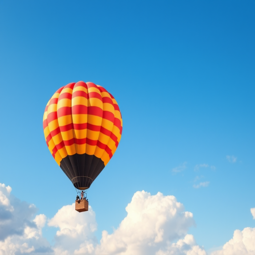 Generate a vibrant illustration of a hot air balloon with an orange and red striped pattern floating in a blue sky with fluffy white clouds, using a DSLR camera with a 50mm lens, aperture set to f/2.8, ISO 100, and a bright daylight setting for enhanced clarity and color saturation.