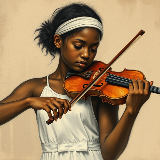 a young African American woman with a white headband playing a violin, in the style of a charcoal drawing, sepia grunge background
