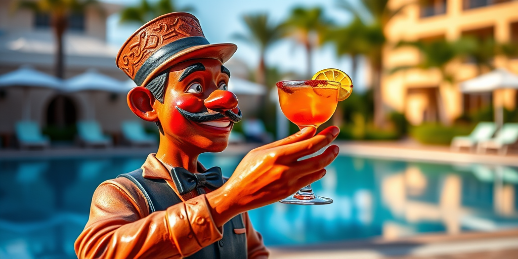 A whimsical statue of a waiter holding a cocktail with a pool in the background, vibrant colors, shot with a Canon EOS R5, 50mm lens, f/1.8 aperture, ISO 100, natural lighting, shallow depth of field.