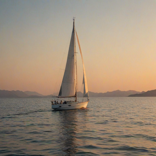 Sharp, high-resolution photo of a sailboat gliding through calm waters at sunset, the golden light reflecting off the ocean surface, distant islands barely visible on the horizon, a soft breeze filling the sails, a sense of peace and serenity captured.