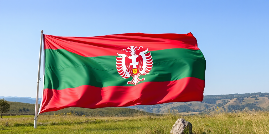 Create an image of the Bulgarian flag with vibrant colors; use a DSLR camera, 50mm lens, aperture f/8, ISO 100, shot in natural light, landscape view, high resolution.