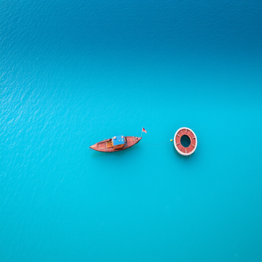 Aerial view of a fishing boat and a small circular boat on calm turquoise waters, twilight lighting, using a drone camera, aperture f/4, shutter speed 1/200s, ISO 100, capturing sharp details and vibrant colors.