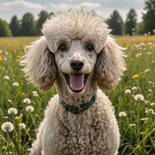 An expressive image of a poodle dog in a comedic situation where it appears to be sneezing. The dog's eyes are squeezed shut, and its ears flap as the force of the sneeze is illustrated. Mouth slightly open, visible sneeze particles flying in the air. In the background, a lush green field full of seed head dandelions.