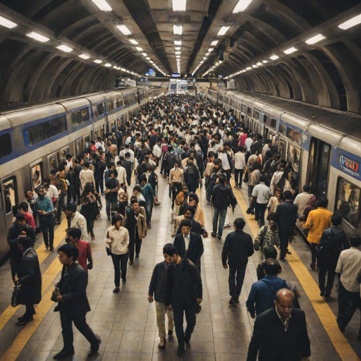 Bustling metro station during rush hour, people rushing to catch trains, their footsteps blending with the hum of distant conversations.