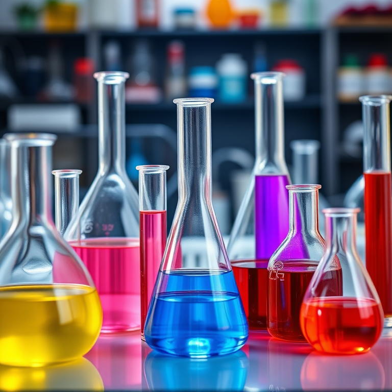 Create a high-resolution still life image of laboratory glassware with colorful liquids in a scientific setting, using a DSLR camera with an aperture of f/2.8, ISO 100, a shutter speed of 1/60 seconds, shot from a top-down view, in natural lighting to enhance vibrancy and clarity.
