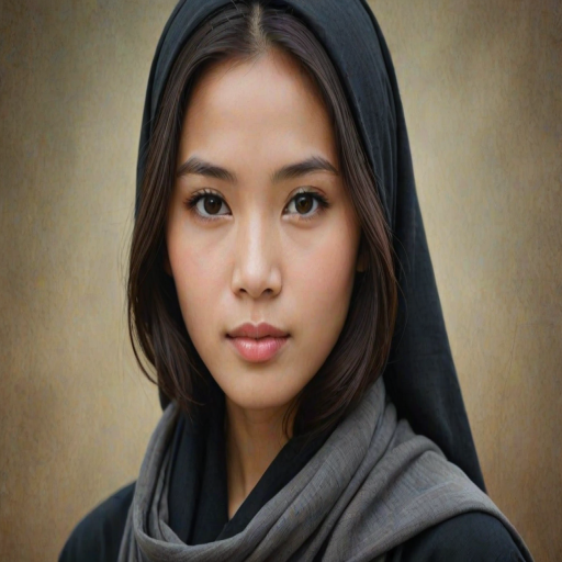 Create a portrait of a young Vietnamese woman with long, dark hair and captivating hazel eyes. She is wearing a black headscarf and a matching scarf draped gracefully around her neck. The background is softly blurred, focusing attention on her serene and natural expression. The overall color palette is muted and warm, enhancing the intimate and authentic feel of the portrait.