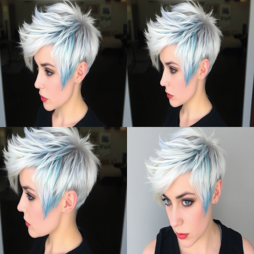 Striking platinum pixie cut with edgy blue highlights, the "Arctic Frost" look showcases sharp angles and a rebellious spirit, perfect for a confident trendsetter