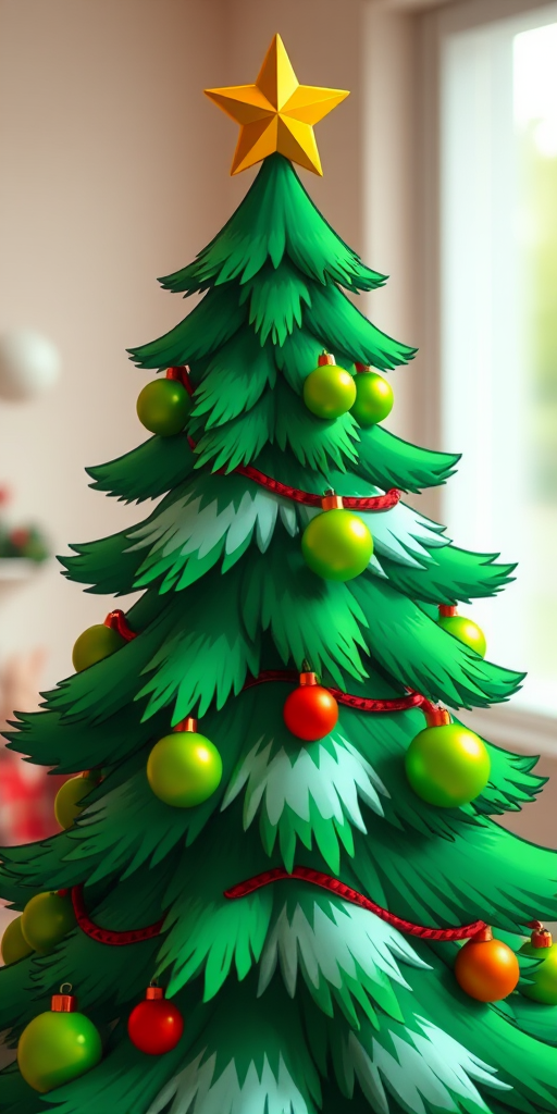 Create a vibrant cartoon-style Christmas tree with a golden star on top and bright green ornaments, capture using a DSLR camera at f/2.8, 50mm lens, ISO 100, natural lighting, and a shallow depth of field for a soft background blur.