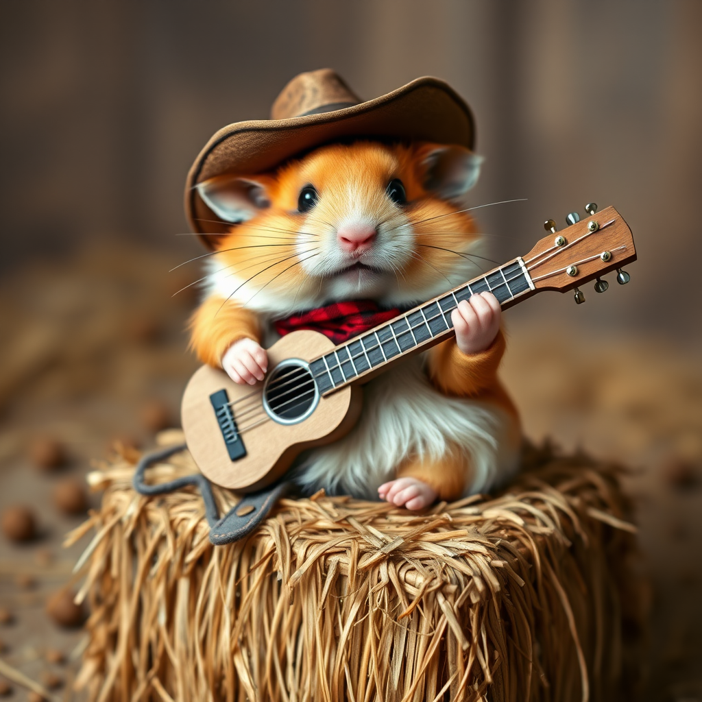 A chibi hamster, dressed as a cowboy, playing guitar, sitting on a hay bale