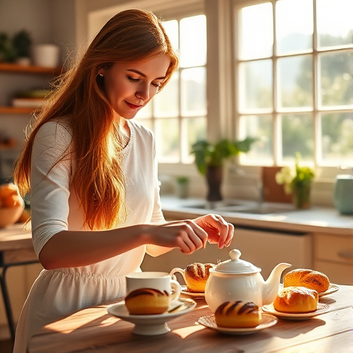 regenerate an image of a young woman with long, flowing red hair softly arranging tea cups and pastries on a table in a sunlit, rustic kitchen with large windows; use a Canon EOS R5 with a 50mm f/1.2 lens at f/2.8, ISO 200, and a shutter speed of 1/125 sec, in soft natural lighting for a warm, inviting atmosphere.