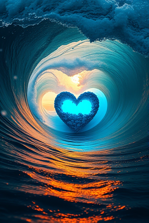 A massive ocean wave crashing towards the viewer, with a heart-shaped core made of rocks and glowing blue light, digital elements integrated into the scene, high dynamic range, f/8 aperture, ISO 200, 24mm lens, landscape orientation, shot during golden hour for dramatic lighting.