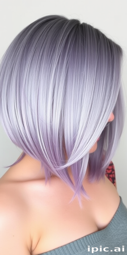 Enchanting Moonlight Silver bob cut with a blunt, chin-length finish, featuring a metallic sheen and subtle lavender undertones, parted dramatically to one side