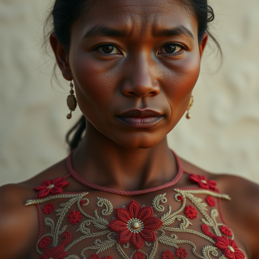 Face, shoulders, chest covered in openwork Maya embroidery. Raw, unedited image.