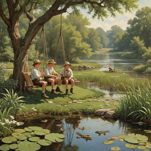 Imagine a small group of old fashioned young boys out fishing by the creek, a swing hanging from a tree branch, reeds and grasses by the water's edge, a frog sitting on a lily pad, dragonflies hovering over som water plans, a very iconic old fashioned scene reminiscent of a Norman Rockwell painting style