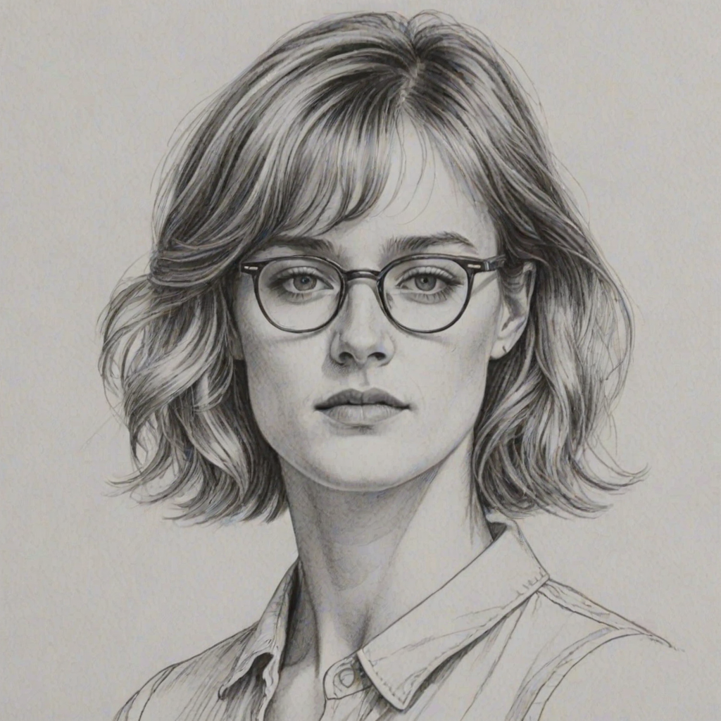 Charming Mackenzie Davis, pencil sketch, portrait of Graceful woman 1971s in glasses, hair style beatnik, outline, clear lines, fine lines, 8k
