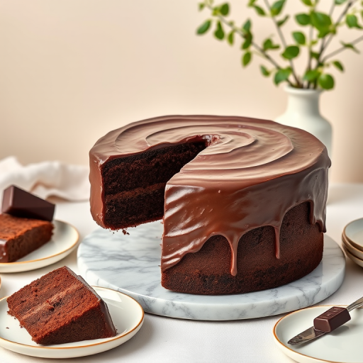 A rich chocolate cake with a glossy chocolate frosting sits on a marble cake stand with a slice removed revealing its moist interior. The background features soft neutral tones and a hint of greenery in a vase, creating a warm and inviting atmosphere. Surrounding the cake are delicate plates with additional slices and a piece of chocolate, showcasing a delightful dessert setting.