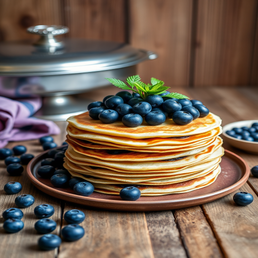 A beautifully layered cake made of thin pancakes with a vibrant blueberry filling topped with fresh blueberries and a small green plant, presented on a rustic wooden table with additional blueberries scattered around. The background features a wooden wall and a silver serving dish, creating a cozy atmosphere.