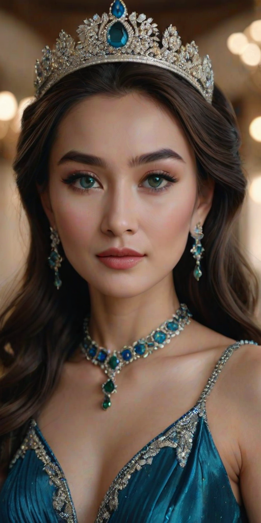 A gorgeous Uyghur woman in a luxurious blue gown, accessorized with a dazzling tiara and statement earrings, her deep green eyes highlighted by impeccable makeup, poised in a royal setting, photorealistic, 8K quality