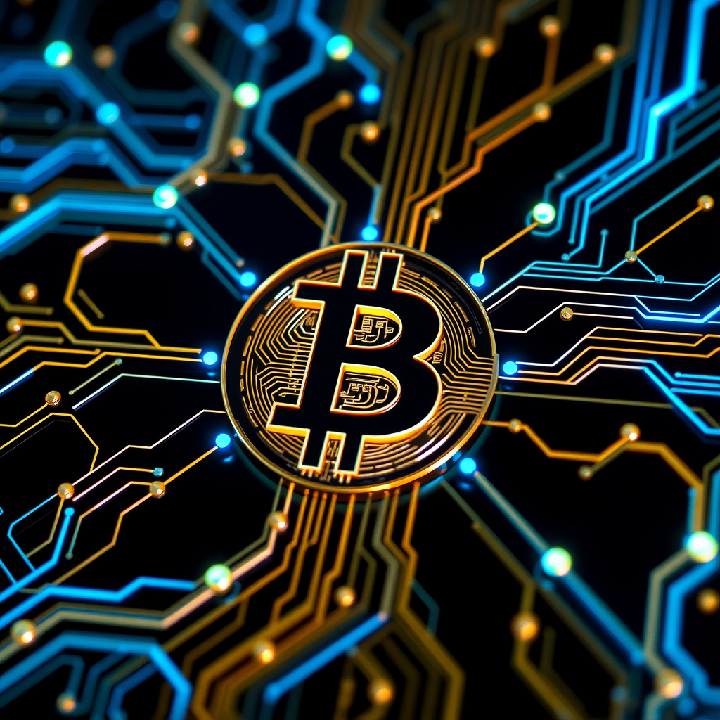 Imagine a Bitcoin symbol (₿) intricately designed as part of a futuristic, glowing circuit board. The ₿ is central, composed of metallic gold and silver lines, seamlessly blending into the web of circuits surrounding it. Blue and green LED-style lights trace through the circuits, making it look like Bitcoin is powering a digital network. The background is dark, with neon accents highlighting the tech vibe, symbolizing the digital and decentralized nature of Bitcoin