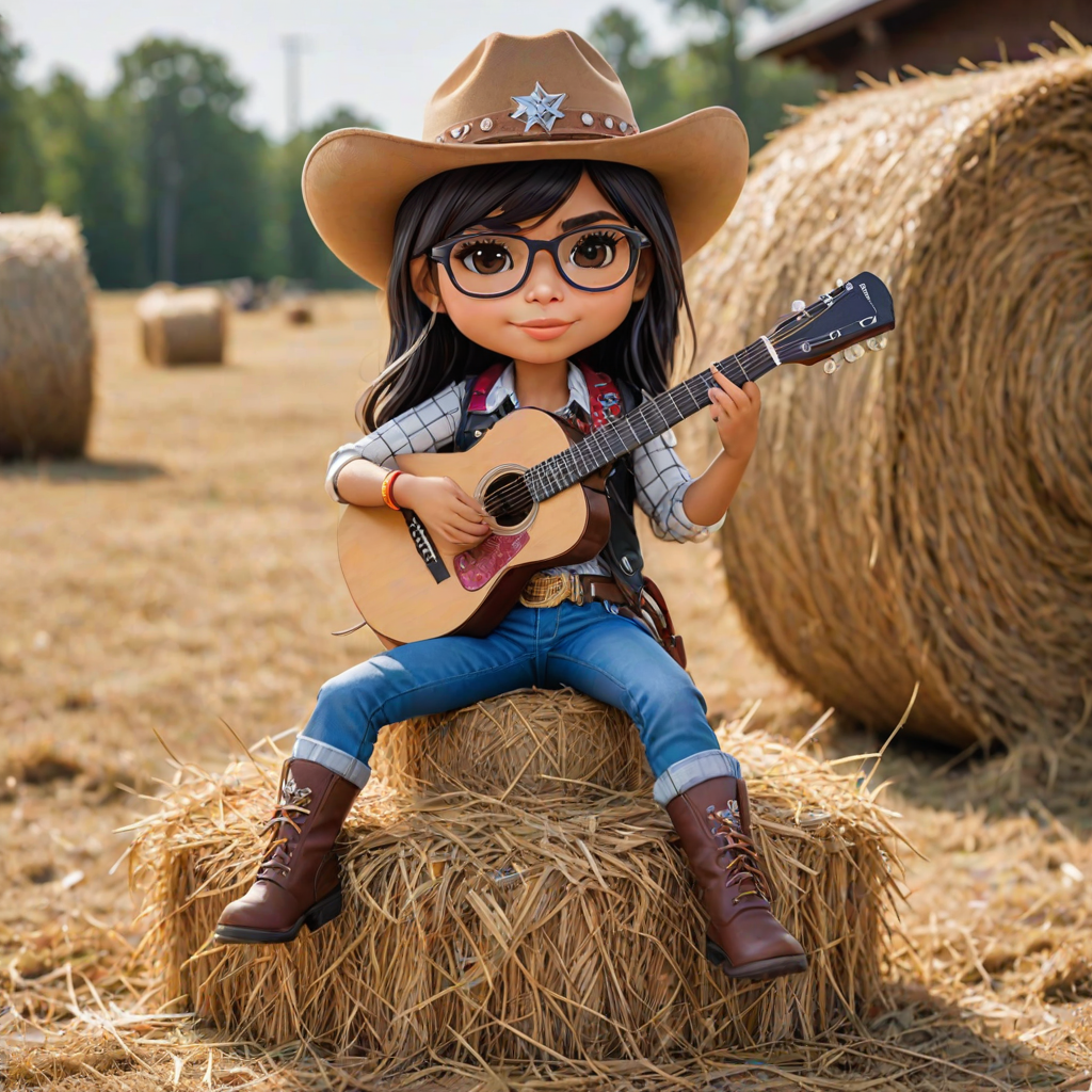 A chibi mia khalifa, dressed as a cowboy, playing guitar, sitting on a hay bale