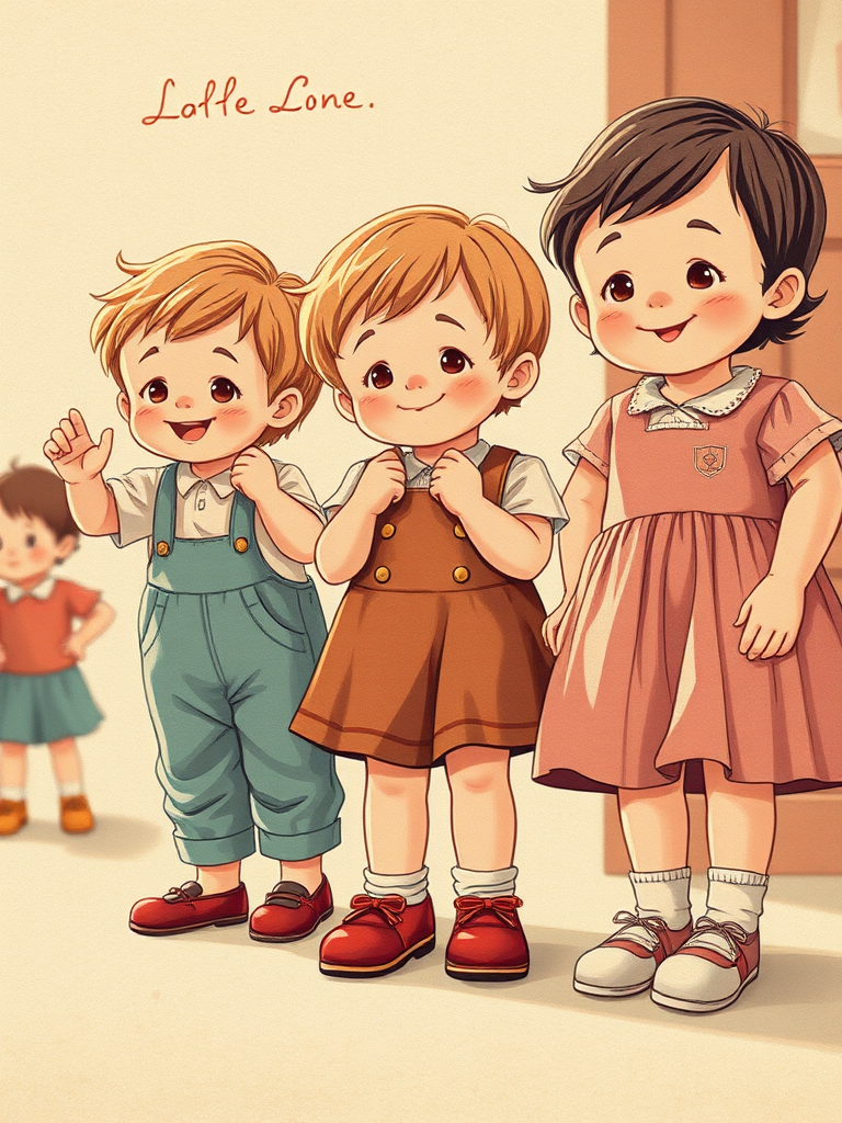 Vintage illustrations of children in playful poses, soft natural lighting, 50mm lens, f/2.8 aperture, shallow depth of field, high-resolution digital capture, front view, retro paper texture effect.