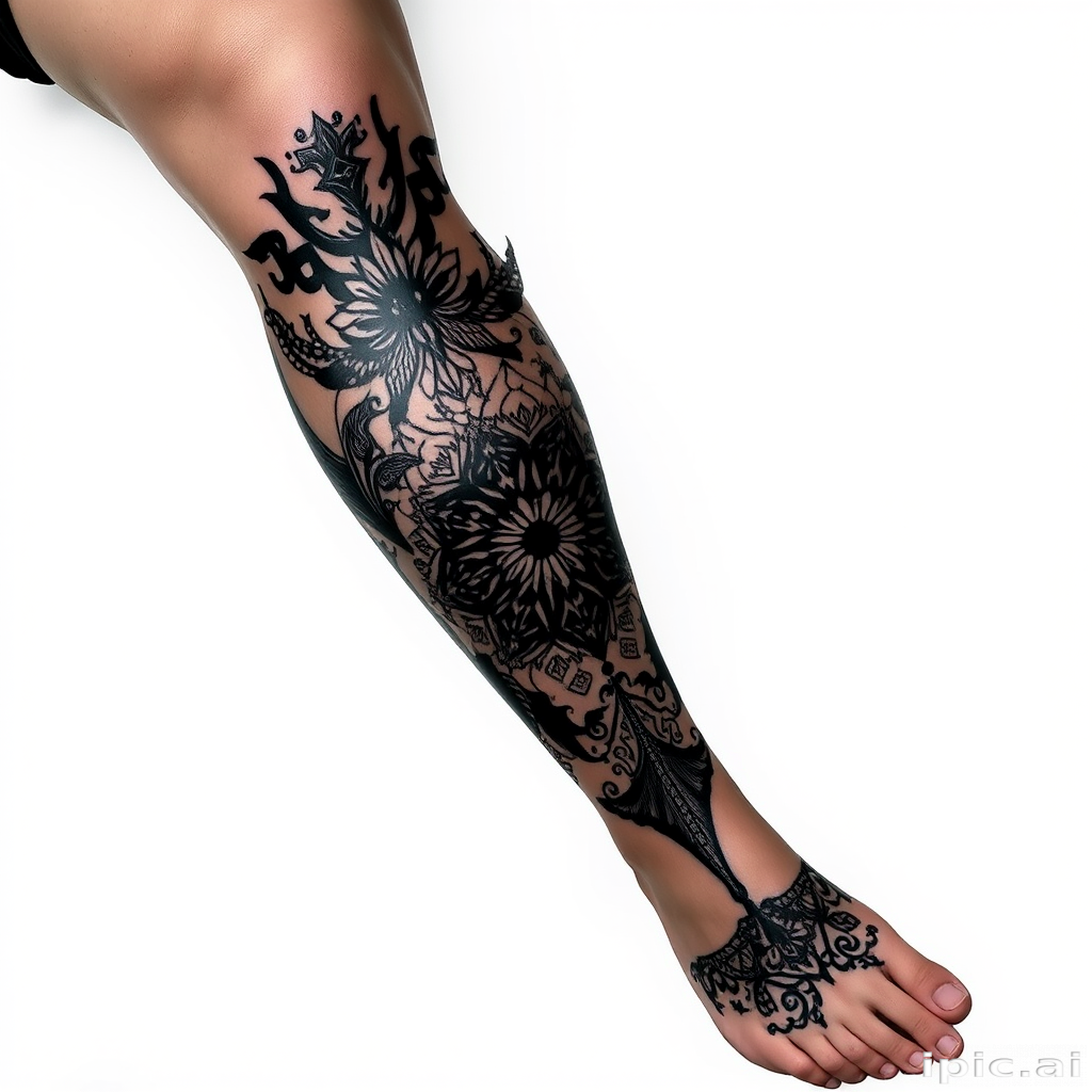 Powerful blackout tattoo covering the entire leg, featuring solid black ink with strategic negative space elements revealing intricate patterns and designs, creating a bold and dramatic visual statement