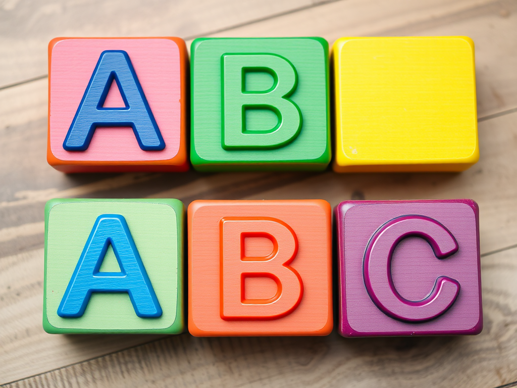 Create an image of colorful alphabet blocks arranged in a playful manner with the letters A, B, and C visible, using a DSLR camera with a 50mm lens, aperture f/2.8, ISO 100, and a shallow depth of field, shot from a top-down angle to enhance detail and clarity.