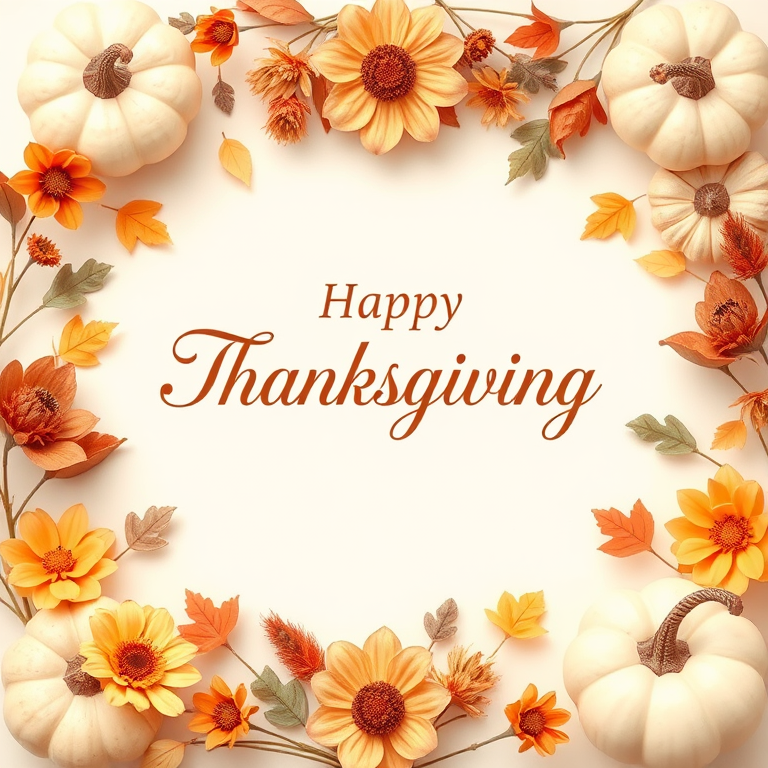 Create a festive Thanksgiving greeting card featuring soft pastel colors with decorative autumn flowers and pumpkins arranged around the edges the text Happy Thanksgiving in elegant script centered in the middle and a light cream background to enhance the seasonal theme.
