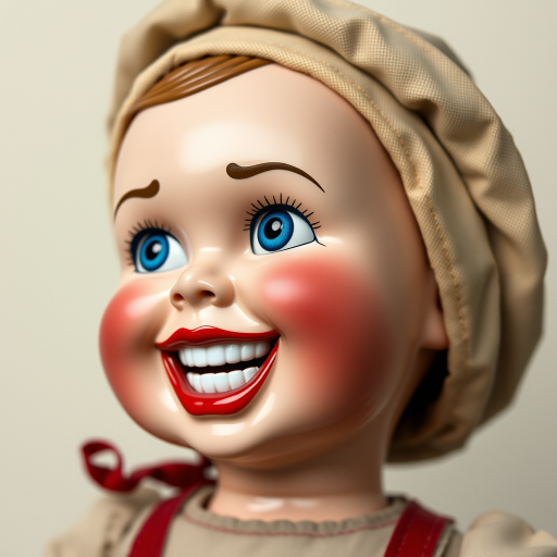 Generate a hyper-realistic image of a vintage doll with rosy cheeks, dimples, and a wide grin with red lips. The doll has bright blue, glossy eyes looking to the side, wearing a beige fabric hat. The face is shiny plastic, contrasting with the matte fabric of the clothing. The background is plain and neutral, emphasizing the doll’s unsettling expression.