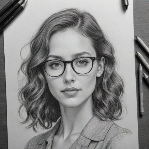 Stunning Troian Bellisario, pencil sketch, portrait of Charming woman 1936s in glasses, hair style beatnik, outline, clear lines, fine lines, 8k