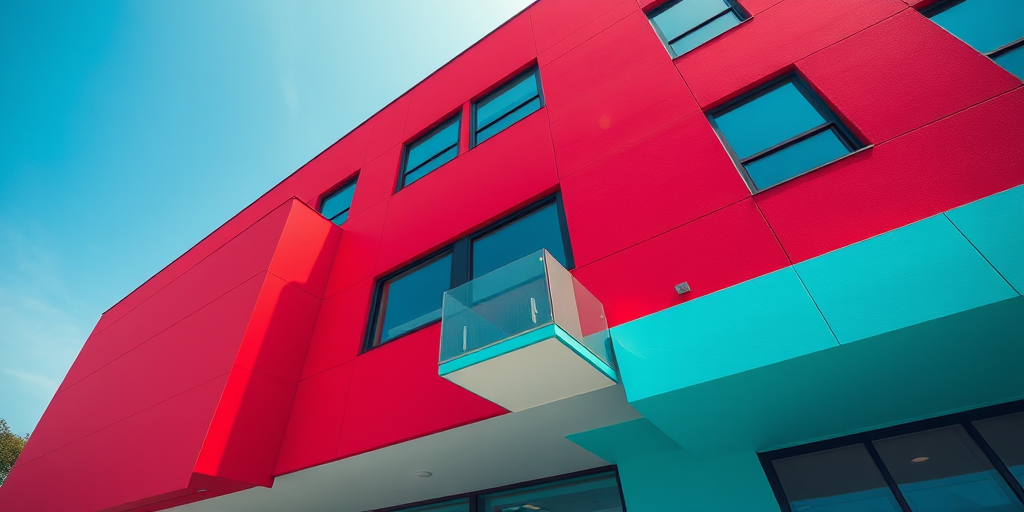 Capture a vibrant architectural photo of a modern building with contrasting red and turquoise walls, using a Canon EOS R5, 24mm lens, f/8 aperture, 1/200s shutter speed, ISO 100, shooting from a low angle to emphasize the height and colors, in bright daylight to enhance the saturation and shadows.