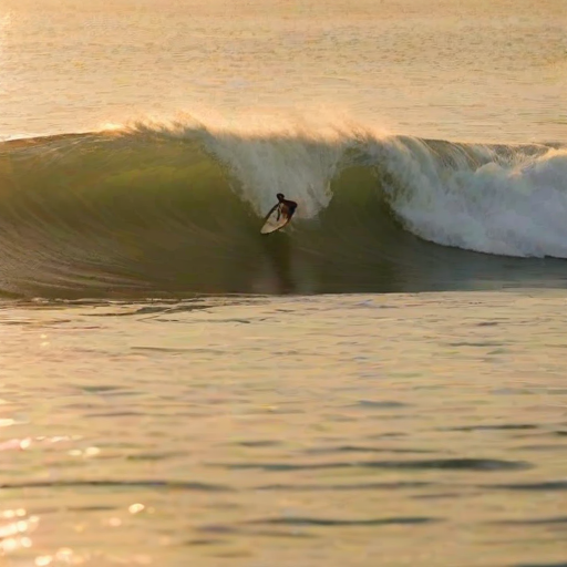 Blurry action shot of a surfer catching a wave at sunrise, soft golden light illuminating the crest of the wave, with the ocean horizon softly blurred in the distance.