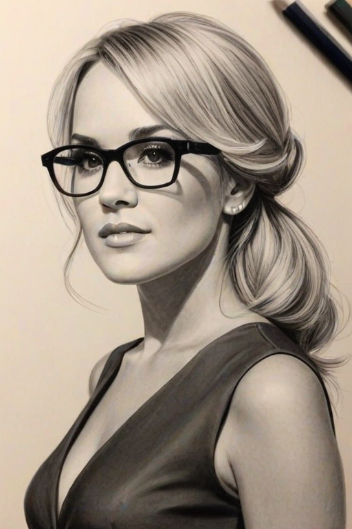 Lovely Carrie Underwood, pencil sketch, portrait of Sublime woman 1953s in glasses, hair style beatnik, outline, clear lines, fine lines, 8k
