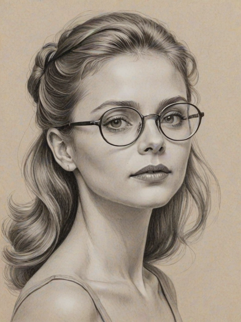 Beauteous Anna Baryshnikov, pencil sketch, portrait of Alluring woman 1951s in glasses, hair style beatnik, outline, clear lines, fine lines, 8k